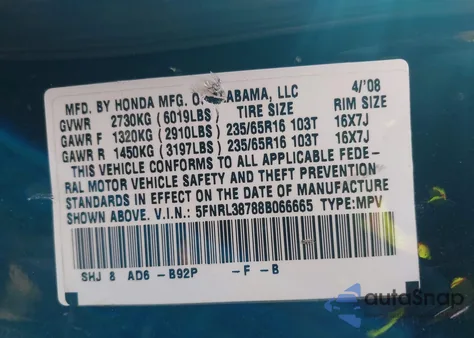 2008 Honda Odyssey Ex-L z USA, uszkodzony, nr VIN 5FNRL38788B066665